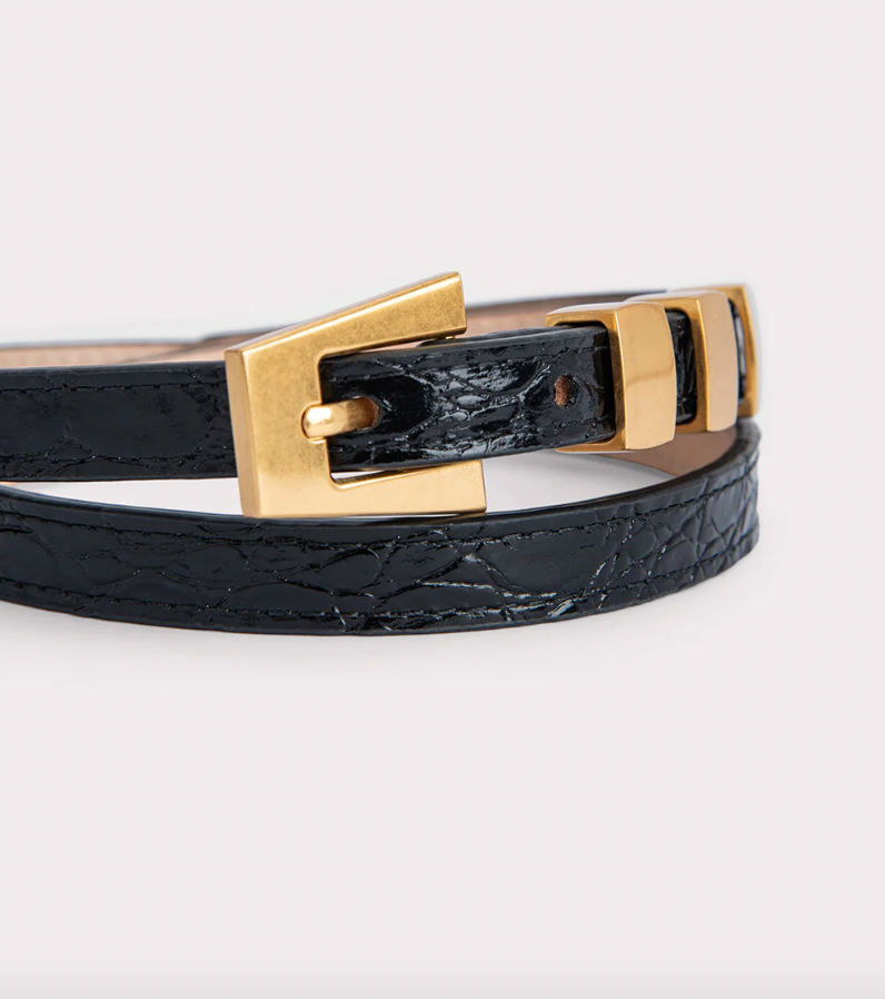 BY FAR Vic Black Circular Croco Embossed Leather Belt The Haute